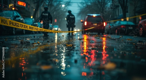 A group of police officers stand in the rain, illuminated by the city lights, as they investigate a crime scene marked by yellow tape on a wet street, their reflection distorted in the water puddles photo