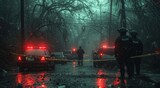 In the midst of a winter storm, police officers brave the rain and snow to extinguish a blazing tree fire on a deserted street, their flashing lights illuminating the night