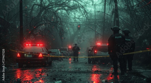 In the midst of a winter storm, police officers brave the rain and snow to extinguish a blazing tree fire on a deserted street, their flashing lights illuminating the night photo