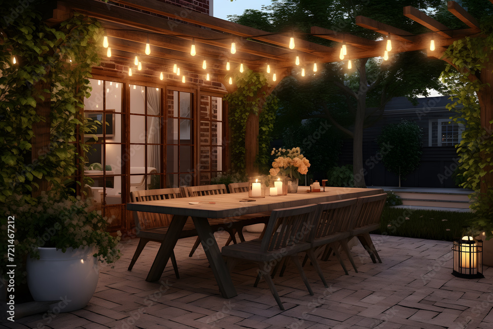 A backyard oasis with a pergola covered dining area