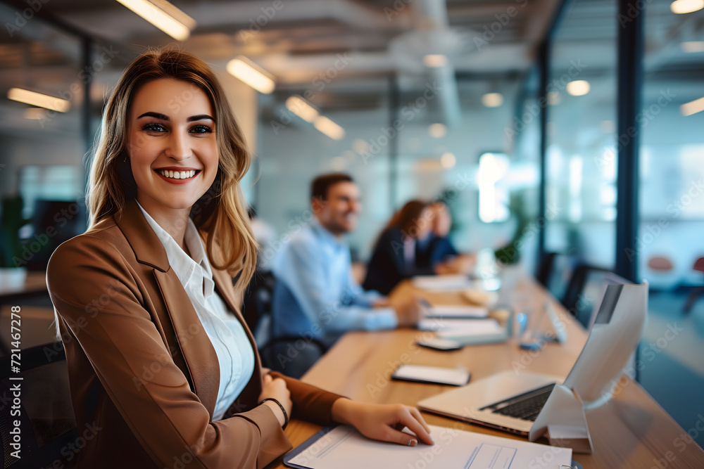 Portrait of businesswoman in a meeting at office working with colleagues in background in bright and friendly room Portrait of businesswoman in a meeting at office working with colleagues in background in bright and friendly room