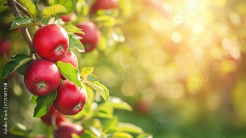 Fresh red ripe apples on branch, sunny outdoor background with copy space.