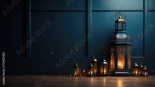 Ramadan Kareem celebration background illustration with arabic lanterns and moon