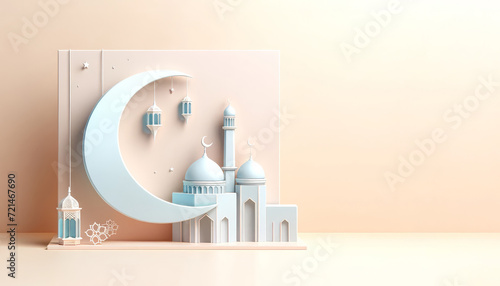 3D Ramadan Kareem celebration background illustration with a crescent moon and lanterns.
