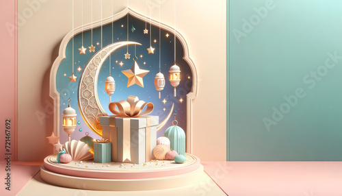 3D Ramadan Kareem celebration background illustration with a crescent moon, hanging lanterns, stars, clouds, and a beautifully wrapped gift.