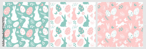 Collection of Happy Easter seamless patterns with bunnies, eggs, flowers and greenery. Cute hand drawn vector illustrations, easter doodle background for wrapping paper, banner, greeting card, poster.