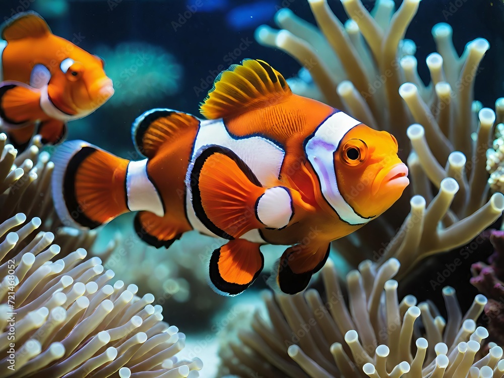 Clownfish, with its iconic orange and white stripes, swims gracefully among the delicate, flowing tentacles of sea anemones. Generative AI. Clownfish, with its iconic orange and white stripes, swims gracefully among the delicate, flowing tentacles of sea anemones. Generative AI.