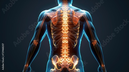 Human Spine and Skeleton Anatomy; Medical Illustration of Human Back; 3D Render of Spinal Bone Structure