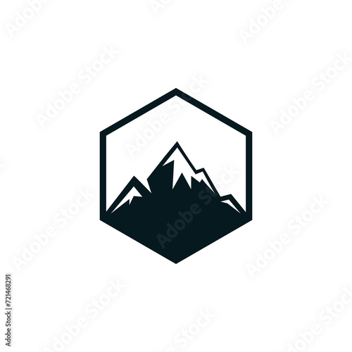 mountain logo design dark blue color on a white background and a hexagon model