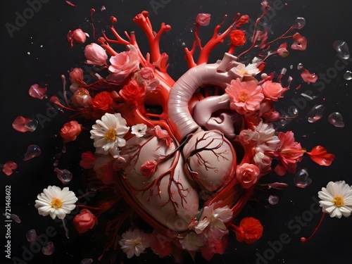 Concept art of a human heart exploding with creativity. Heart exploding with flowers, surrelaism abstract, abstrac human heart exploding creativity, generative ai, ai generative abstract concept art. photo