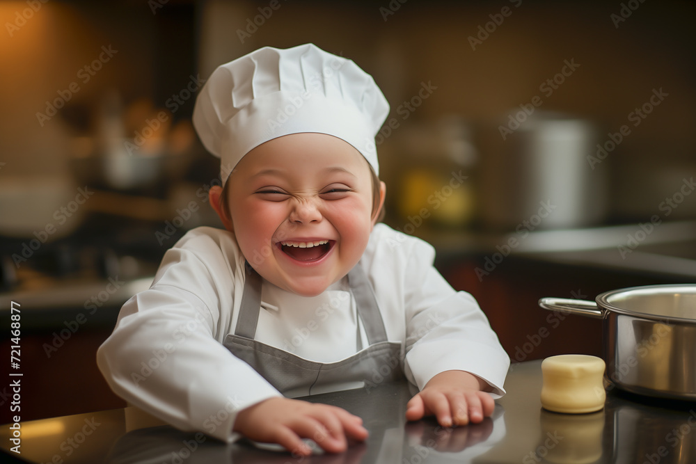 Caucasian boy, with Down's syndrome, dressed in cook's clothes, super happy to learn the art of cake baking Caucasian boy, with Down's syndrome, dressed in cook's clothes, super happy to learn the art of cake baking