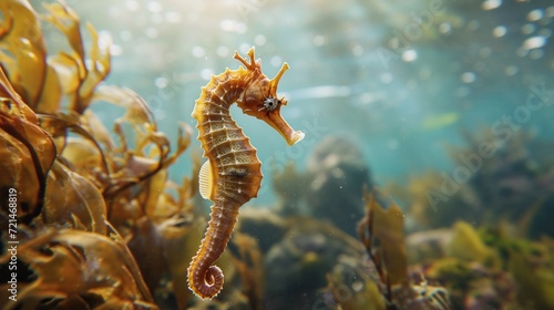Beautiful seahorse in the ocean, underwater plants, marine wild nature beautiful seahorse underwater scene.