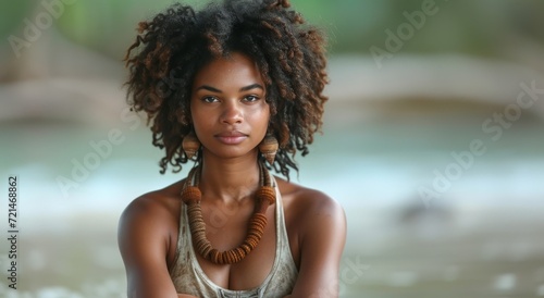 A stunning beach portrait of a young woman with curly hair and a necklace, exuding confidence and beauty as she poses for a fashion photo shoot by the water © Larisa AI