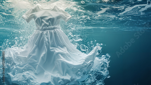 On a clear background, a white dress seems to float in clean water, symbolizing cleanliness, with water bubbles