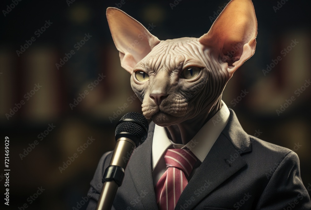 Unique and quirky image of a naked sphinx cat wearing a suit, delivering an election campaign speech from a lectern with a microphone. Perfect for capturing attention and adding humor to your project