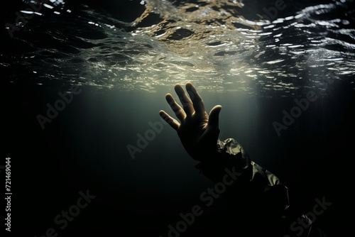 Desperate drowning persons hand reaching out for the waters surface in distress.