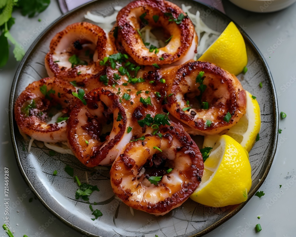 Large grilled squid and refreshing lemon