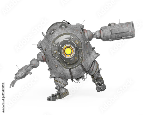 heavy metal mech ball is walking off balance on white background