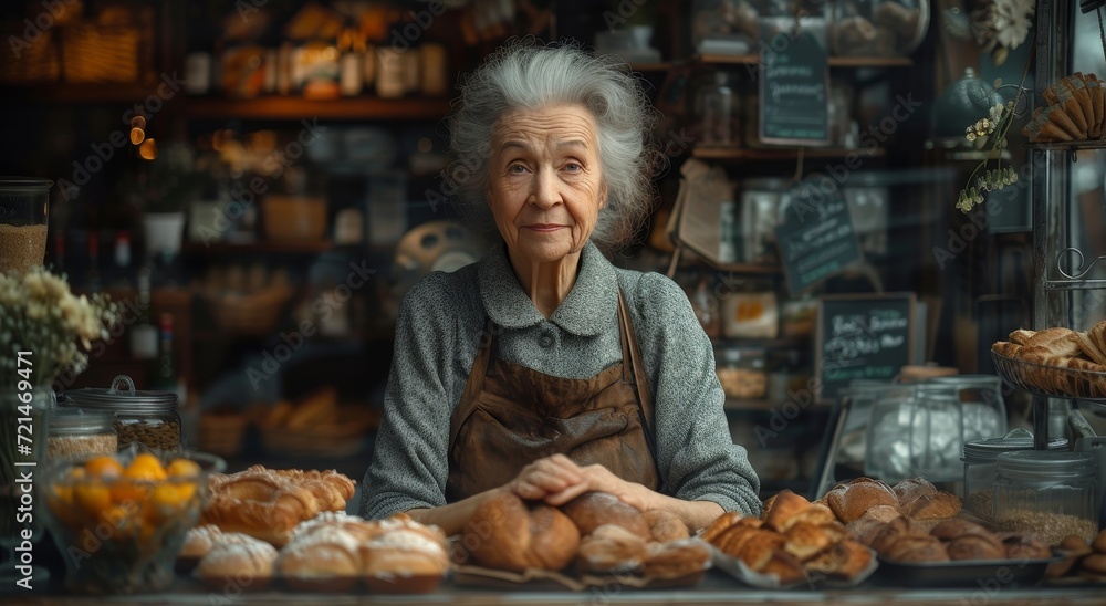 An experienced woman proudly presents her delectable pastries at her quaint bakery shop, her warm smile and apron adding to the inviting display of freshly baked treats on the outdoor shelf