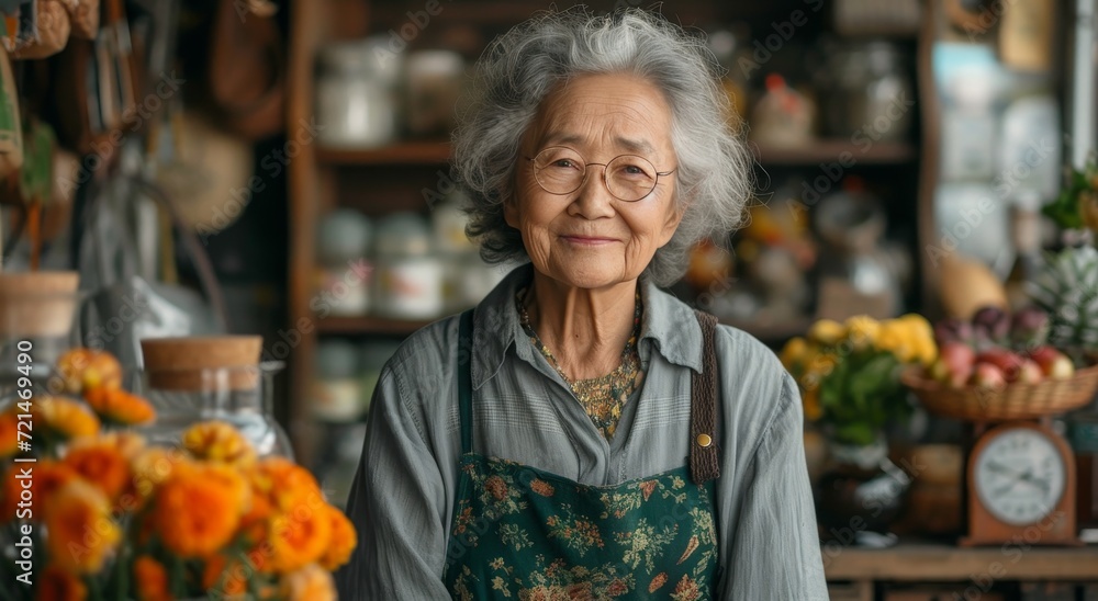 A woman wearing a green apron stands proudly in her flower shop, surrounded by vibrant plants and a beautiful floral design in a vase, exuding a sense of warmth and tranquility both indoors and outdo