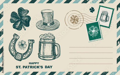 St. Patrick's Day set, Stamps, mail, postcard, Hand drawn illustrations	
