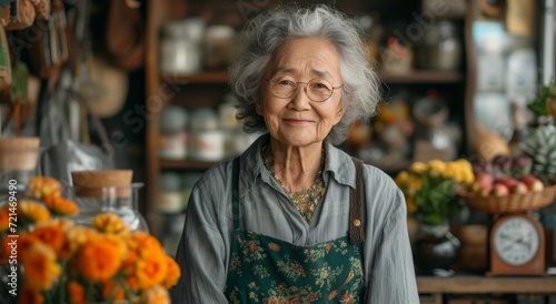 A woman wearing a green apron stands proudly in her flower shop, surrounded by vibrant plants and a beautiful floral design in a vase, exuding a sense of warmth and tranquility both indoors and outdo