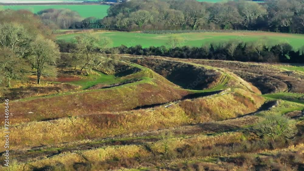 Telephoto aerial shot of Iron age hill fort ramparts at Badbury Rings, Dorset, UK Telephoto aerial shot of Iron age hill fort ramparts at Badbury Rings, Dorset, UK