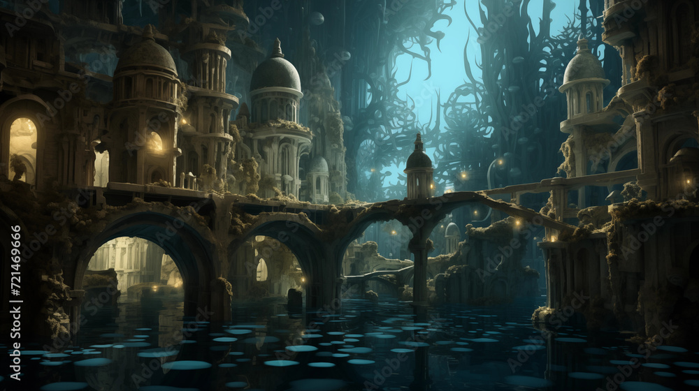 Surreal underwater city with abstract structures
