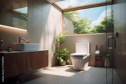  bathroom with a floating toilet and a skylight