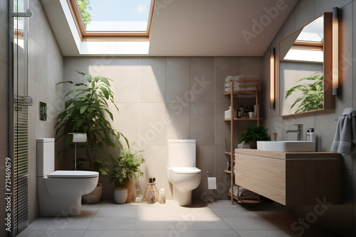  bathroom with a floating toilet and a skylight © sugastocks