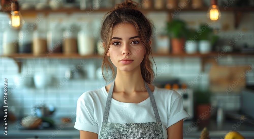 A fashionable woman confidently stands in her kitchen, adorned in a crisp shirt and apron, her human face reflecting determination and pride as she tackles the day's tasks against a charming wall bac