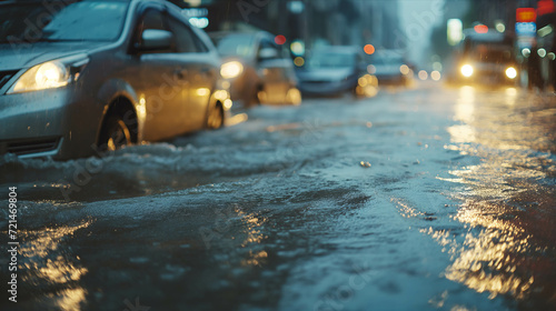 Cars were traveling on flooded roads in the city. © S photographer