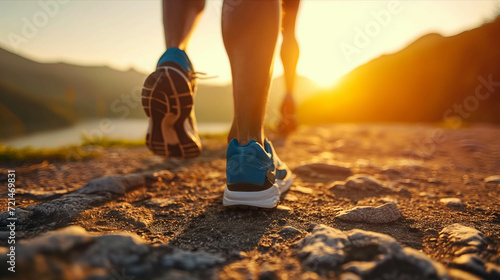 Closeup of running shoes in nature Mountain river at sunset.