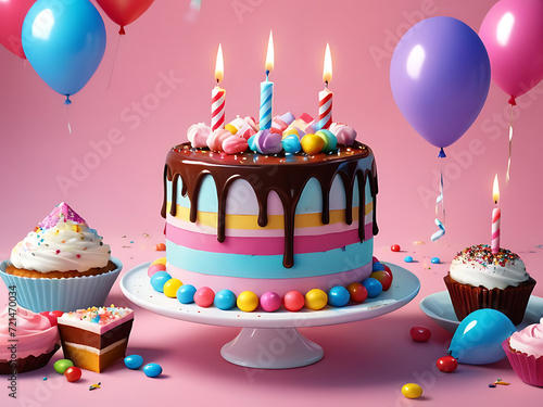 pink birthday cake with candles  birthday party for children  colorful cake. ai
