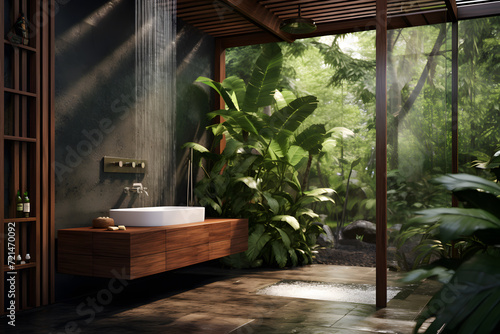 bathroom with a rainforest shower head and teak wood