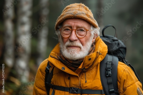 A rugged hiker clad in a vibrant yellow jacket and hat stands among the tall trees of the wintry forest, his bearded face weathered with wrinkles and determination as he gazes out into the unknown