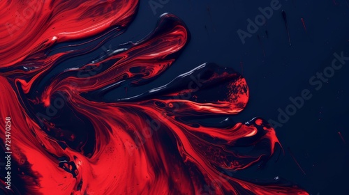 Colorful modern artwork, abstract paint strokes, oil painting on canvas. Acrylic painting on canvas with red gradient and splash wave on dark blue background. Generative ai