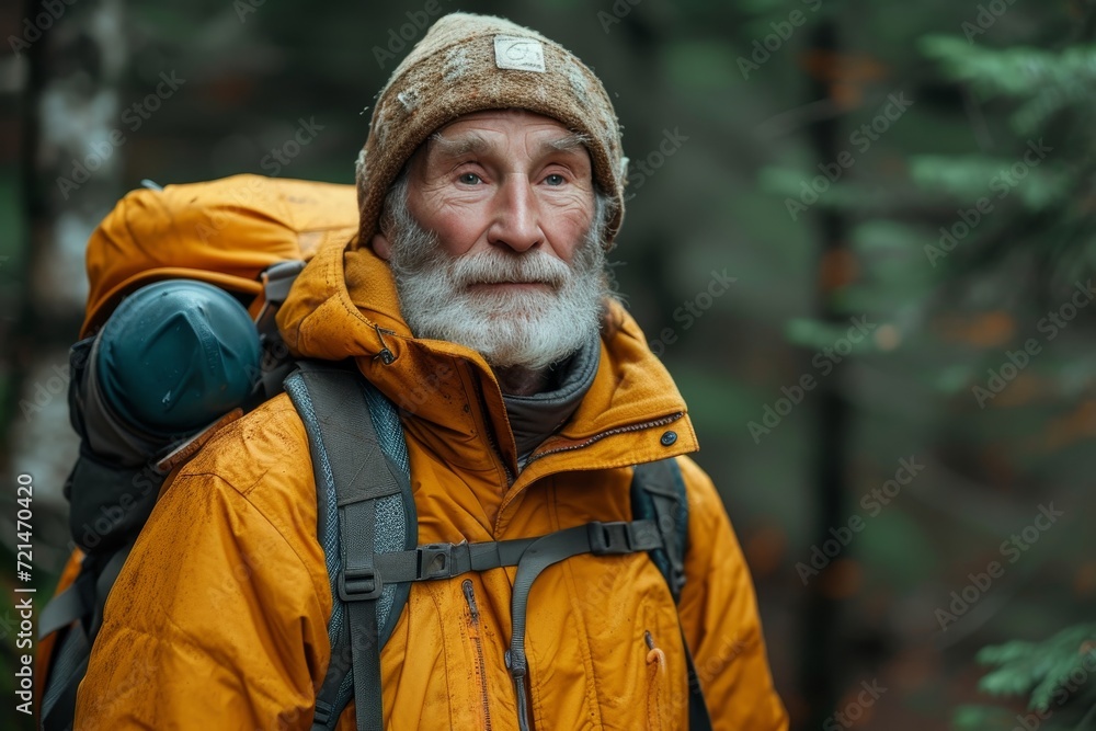 A rugged man with a bushy beard and a vibrant yellow jacket stands among the orange trees of a peaceful forest, his backpack slung over one shoulder as he gazes confidently into the distance A rugged man with a bushy beard and a vibrant yellow jacket stands among the orange trees of a peaceful forest, his backpack slung over one shoulder as he gazes confidently into the distance