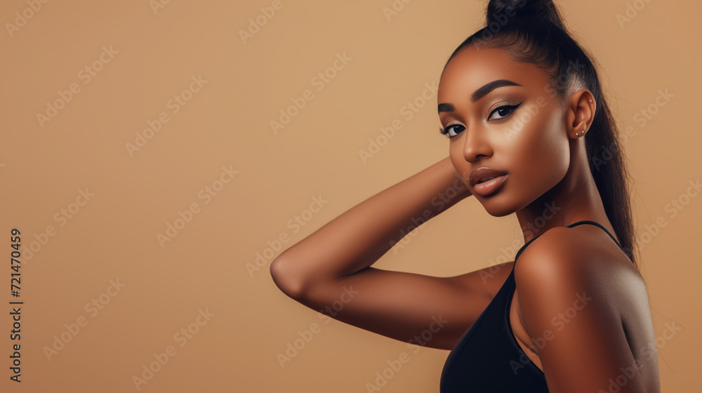 A strong and confident woman showcases her fitness journey in a stylish sports bra top and leggings, copyspace background A strong and confident woman showcases her fitness journey in a stylish sports bra top and leggings, copyspace background
