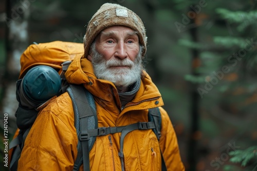 A rugged man with a bushy beard and a vibrant yellow jacket stands among the orange trees of a peaceful forest, his backpack slung over one shoulder as he gazes confidently into the distance