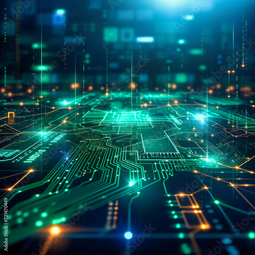 Blue Circuit Board in Technology: Digital Computing and Cyber Communication Concept in a Network Background