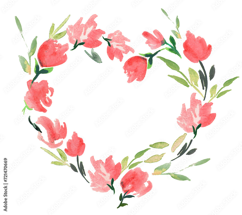 Heart wreath of red watercolor flowers