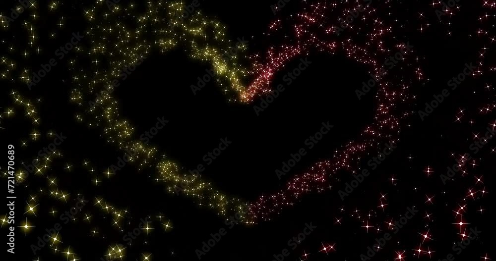 Golden and red particles glitter glow heart effect material background (black background) . Loop material, overlays and frames. Golden and red particles glitter glow heart effect material background (black background) . Loop material, overlays and frames.