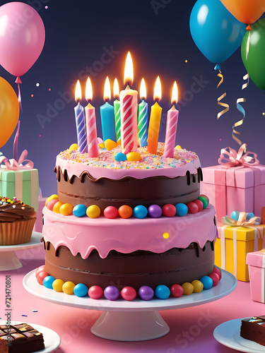 pink birthday cake with candles  birthday party for children  colorful cake. ai