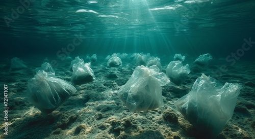 A mesmerizing scene of plastic bags floating amongst the vibrant coral reef, a heartbreaking reminder of the devastating impact of human pollution on our delicate underwater world photo