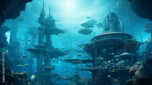 Surreal underwater city with futuristic architecture