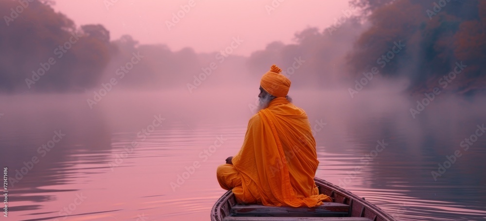 As the morning fog lifts over the serene lake, a lone man meditates in his boat, basking in the peaceful sunrise before a temple on the distant shore