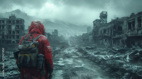 Red Wanderer in a Ravaged Cityscape