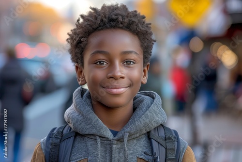 A cheerful boy confidently poses for a street fashion portrait, exuding youthful energy and showcasing his unique style through his beaming smile and trendy clothing