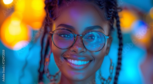 A radiant woman exudes confidence and charm as she beams with joy, her glasses adding a touch of sophistication to her lovely portrait